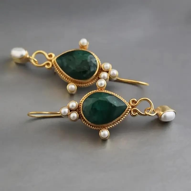 El Regalo Beautiful Traditional Drop Earrings with Pearls for Women & Girls - Elegant Gold Plated Hook Earrings (Green Emerald)