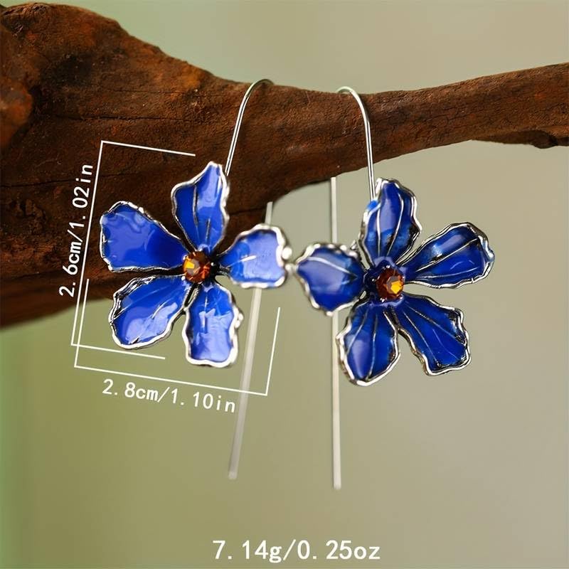 El Regalo Womens Vintage Bohemian Style Enamel Flower Earrings - Silver Tone, Trendy Long Hook Floral Earrings