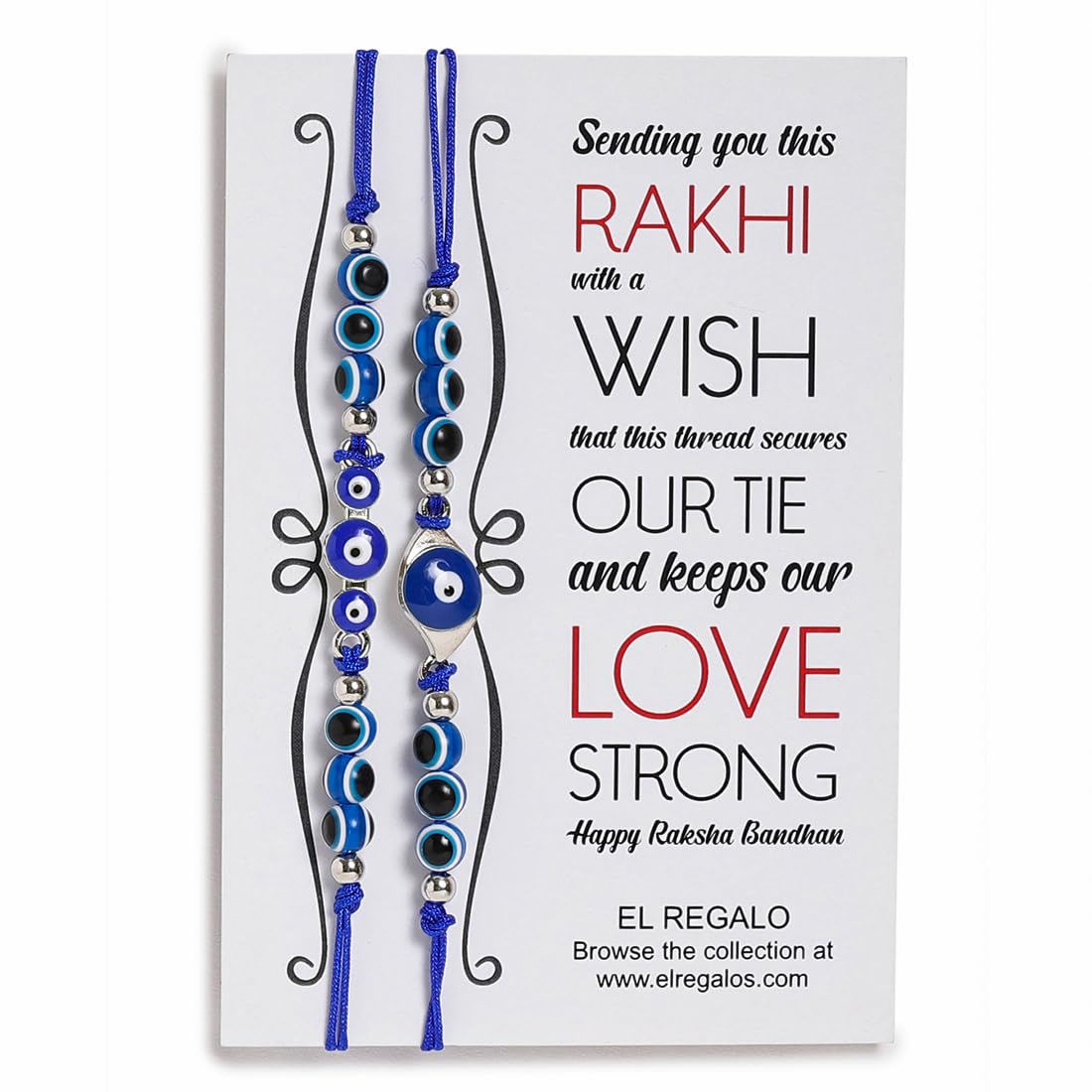 El Regalo 2PCs Evil Eye Rakhi Combo Set for Bhai-Bhabhi or Bhai-Bhatija/Bhatiji- 2 Evil Eye Rakhis with Roli Chanwal, Rakhi Card in Rakhi Gift Box (Option-9)