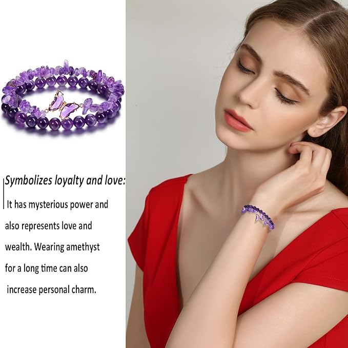 El Regalo 2PCs Natural Crystals Butterfly Bracelets Set- Real Crystals Healing Stones Bracelet Combo for Women (Purple Amethyst)