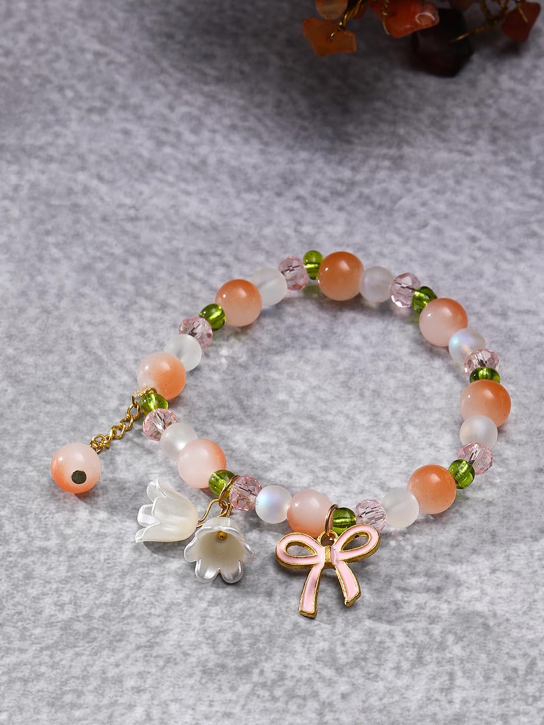 El Regalo Exquisite Lily Flower & Blow Glass Beads Bracelet - Cute Lily Of The Valley Flower Beaded Bracelet, Transparent Gradient Beaded Bow Bracelet For Teen Girls (Gradient Peach)