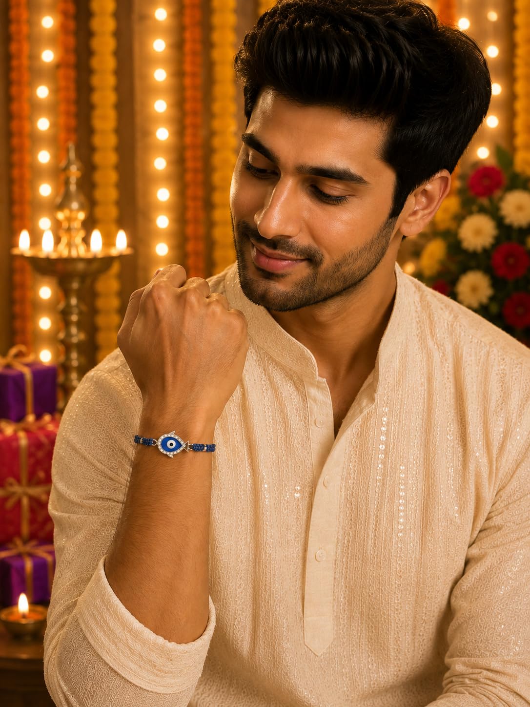 El Regalo 1PC Evil Eye CZ Bracelet Rakhi for Brother with Roli Chawal & Rakhi Message Card - Lucky Protection Rakhi to Avoid Negative Energies for Brother/Sister-in-Law/Niece or Nephew