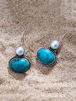 El Regalo 1Pair Cute Oxidized 925 Silver Plated Pearl & Stones Hook Earrings for Girls/Women- Silver Lookalike Handmade Oxidized Brass Hook Traditional Earrings with Stones & Pearls (Turquoise Green)