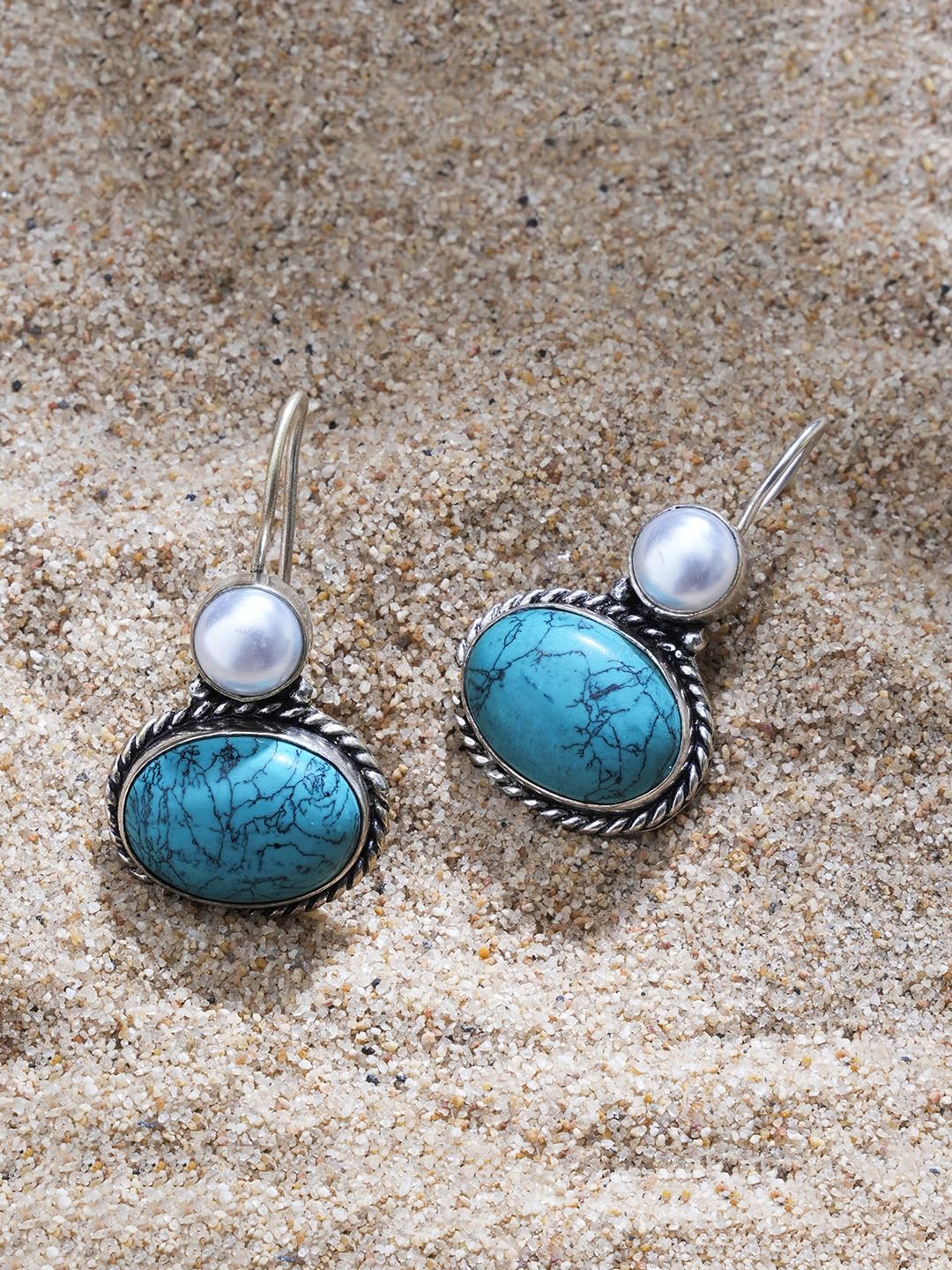 El Regalo 1Pair Cute Oxidized 925 Silver Plated Pearl & Stones Hook Earrings for Girls/Women- Silver Lookalike Handmade Oxidized Brass Hook Traditional Earrings with Stones & Pearls (Turquoise Green)