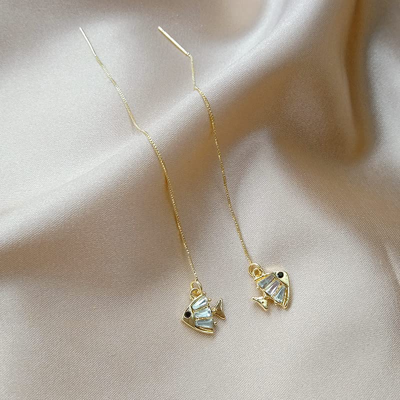 El Regalo Gold Plated Plated Minimalist Long Thin Tassel Elegant Threader Dangle Chain Earrings for Girls & Women (Fish Threader)
