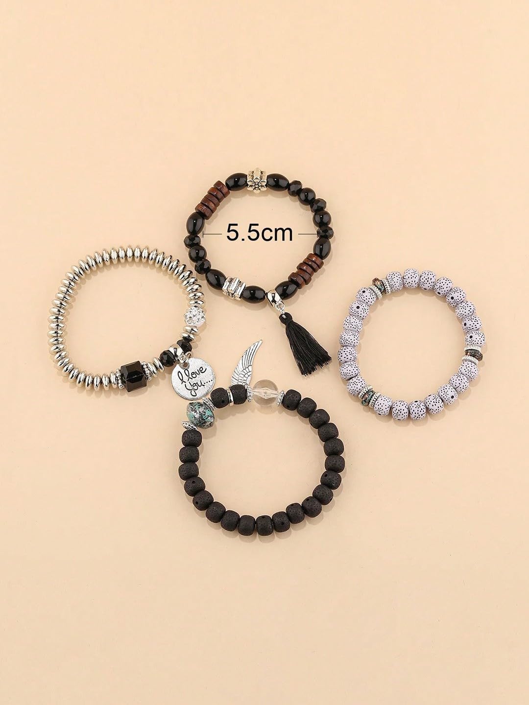 El Regalo 4Pcs/Set Vintage Bohemia Style Wing Beads Tassel Unisex Bracelet - Stackable Multi-layer Modern Charm Bracelets with Wings and I Love You Charms Bracelets (Black)
