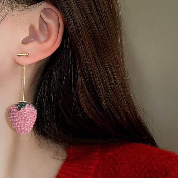 El Regalo 3D Rhinestone Strawberry Statement Earrings for Women & Girls | Handcrafted Crystal Fruit Drop Dangle Earrings | Fancy & Elegant Western Fashion Jewellery (Pink)