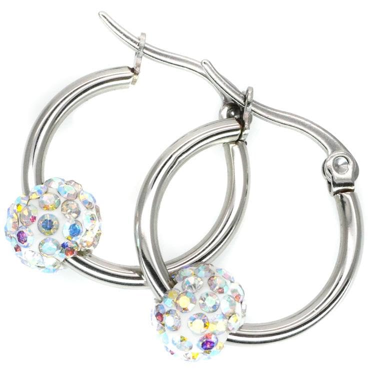 El Regalo Stainless Steel Hoop Earrings with Crystal Balls- Colored Crystal Ball 316L Surgical Steel Hoop Earrings- Crystal Baali for Girls & Women (White)