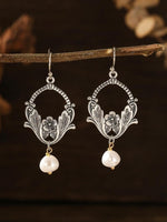 El Regalo Vintage Dainty Flower Pearl Earrings- Exquisite Carving Leaf Flower Earrings for Women