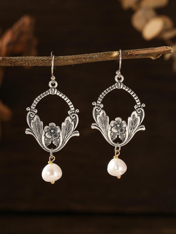 El Regalo Vintage Dainty Flower Pearl Earrings- Exquisite Carving Leaf Flower Earrings for Women