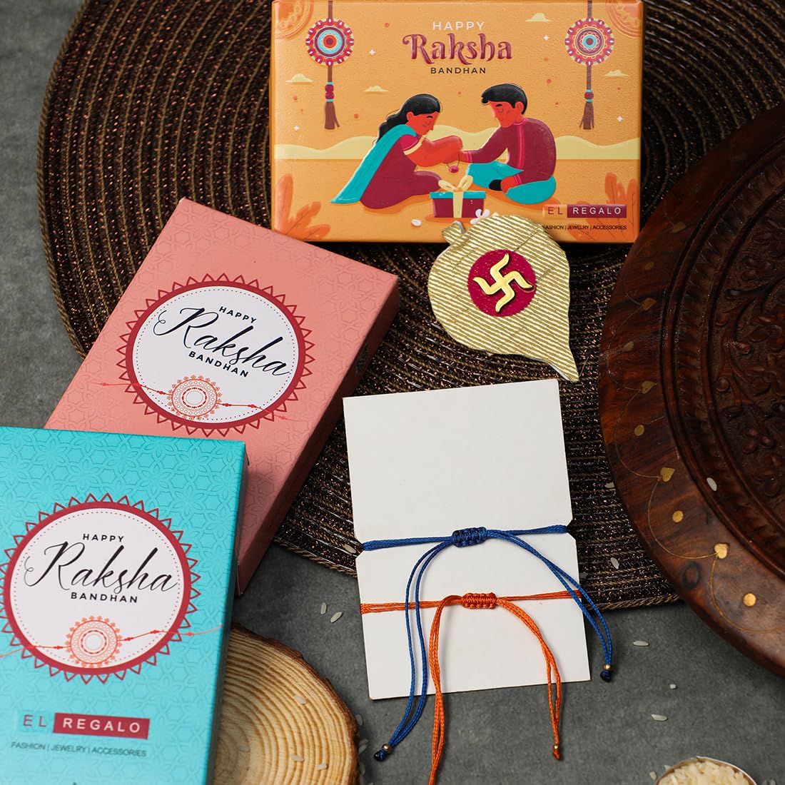 El Regalo 2 PCs Kids Rakhis Combo Set - Cute 2 Kids Rakhis Set with Roli- Chanwal, Rakhi Message Card in Rakhi Gift Box for Little Brother/Niece/Nephew (Tiger & Doremon Rakhi)