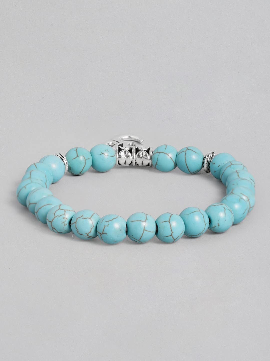 El Regalo OM Rakhi for Brother OM Charm Healing Yoga 8mm Beads Stretchable Bracelet Rakhi with Roli Canwal, Rakhi Card in Gift Box (Firozi)