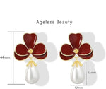 El Regalo Cute Orchid Flower Teardrop Pearl Earrings- 14K Gold Plated Pearl Earrings for Women | Floral Enamel drop Ball Earrings (Dark Maroon)