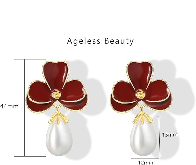 El Regalo Cute Orchid Flower Teardrop Pearl Earrings- 14K Gold Plated Pearl Earrings for Women | Floral Enamel drop Ball Earrings (Dark Maroon)