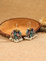 El Regalo 925 Silver Plated Stones Studded Cluster Pearls Dangle Hook Oxidized Earrings - Handcrafted Elegant Jewelry for Women (Pastel Multi Color)
