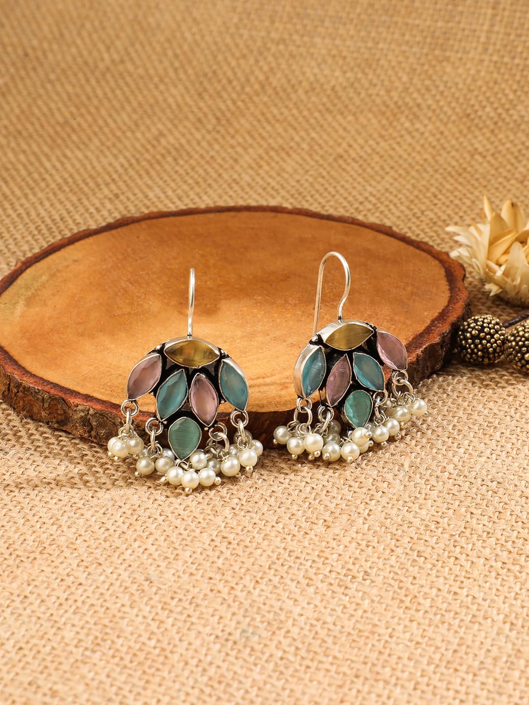 El Regalo 925 Silver Plated Stones Studded Cluster Pearls Dangle Hook Oxidized Earrings - Handcrafted Elegant Jewelry for Women (Pastel Multi Color)