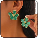 El Regalo Enameled Flower Stud Earrings for Women- Trendy Statement Big Flower Earrings (Green)