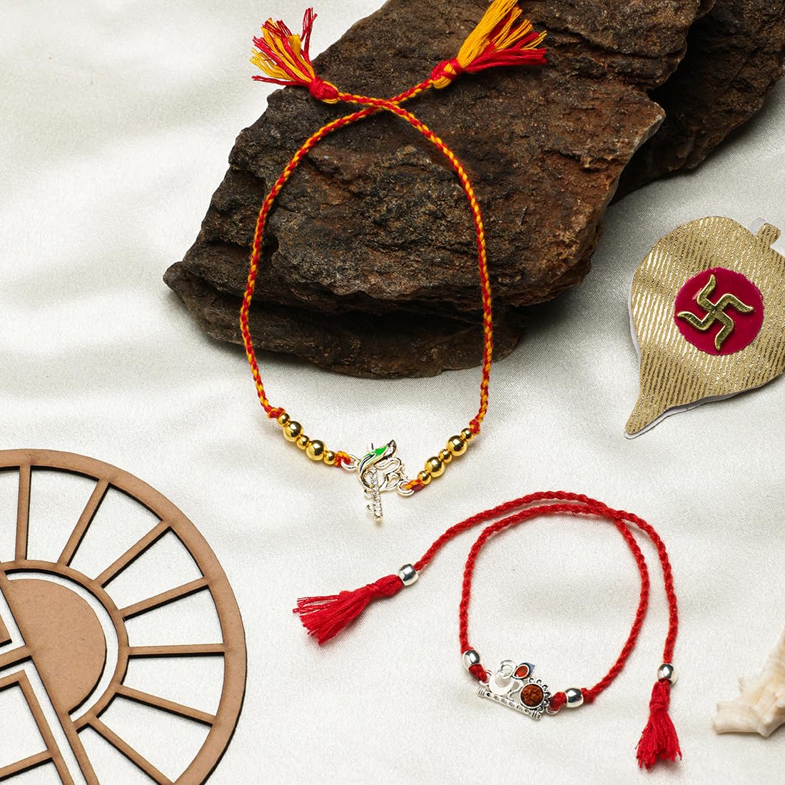 El Regalo 2PCs Rakhi Set for Brother- Auspicious OM, Ganesha, Rudraksha, Krishna Red Moli Thread Rakhi for BHai/Bhatija with Roli Chawal, Message Card in Rakhi Gift Box (OM Rudraksha Rakhi)