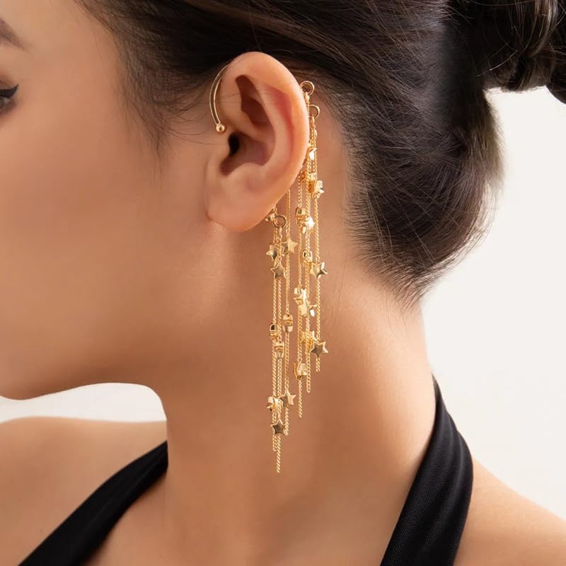 El Regalo Long Tassel Elf Ear Cuff Earrings for Women - Non Piercing Crawler Ear Wrap Bollywood Chandelier Dangle Earrings - Fairy Star & Spike Ear Clips (Stars Tassel)