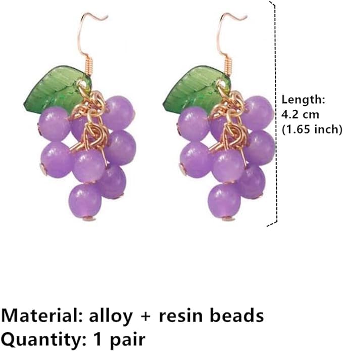 El Regalo Purple Grape Bunches Crystal Bead Drop Earrings for Girls & Women- Handmade Acrylic Fruit Dangle Drop Fashion Earrings (Grapes Bunch Hook)