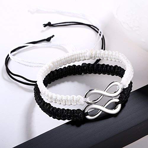 El Regalo Unisex 2 Pcs Adjustable Infinity Couple Braided Handcrafted Bracelet/Friendship- Couple Valentines Day Jewelry (1 Black & 1 White)