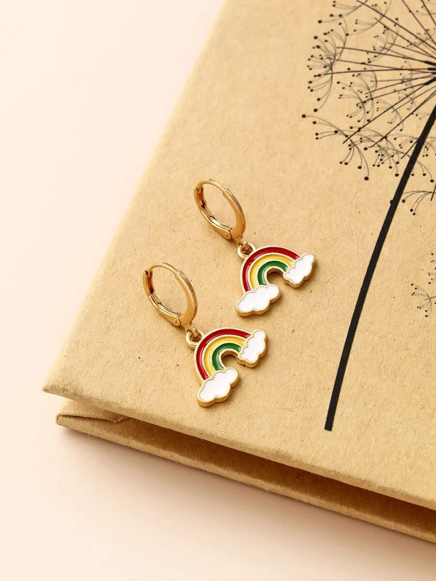 El Regalo 1 Pair Enamel Flowers, Rainbow Cloud, Heart Hypoallergenic Dangle Hoop Earrings for Girls/Teens/Women (Rainbow Cloud Earrings)