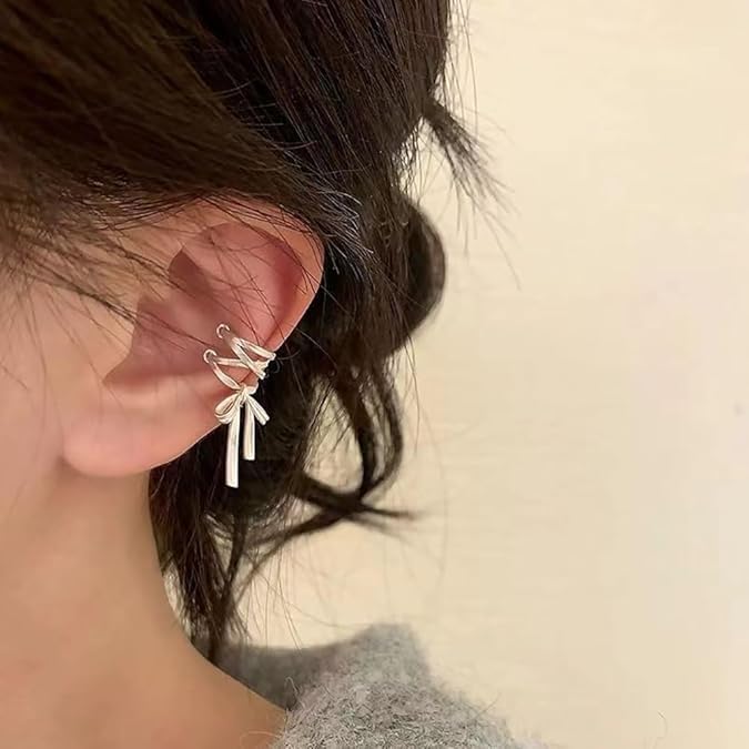 El Regalo Fashionable & Elegant Silver Matt Finish Ear Cuffs for Non Piercing Earrings- Ballet Hollow Cross Ribbon Ear Clips for Girls, Trendy Versatile Clip On Cuff Earrings for Girls & Women