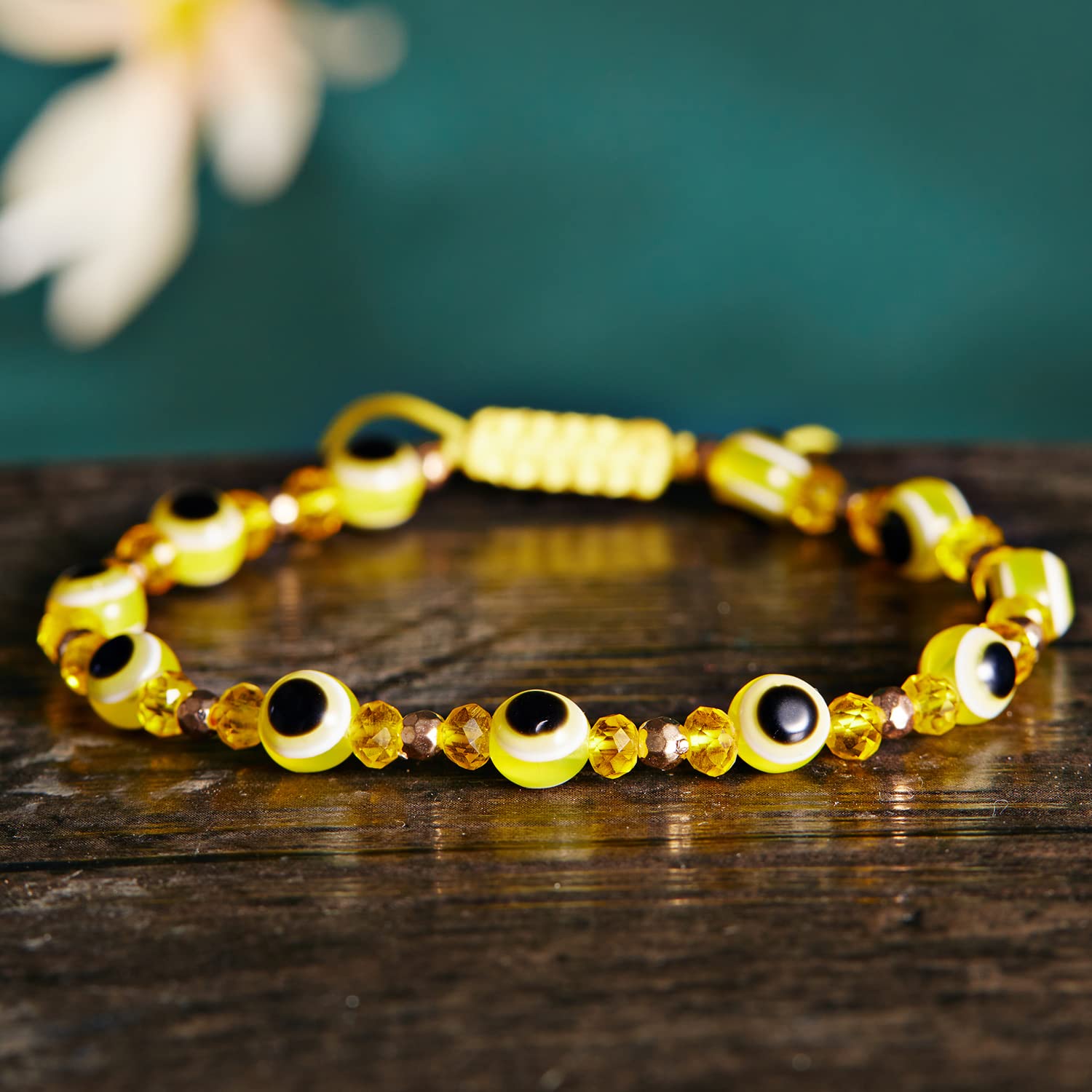 El Regalo 1 PC Evil Eye with Crystals Beads Adjustable Unisex Bracelet for Girls/Boys/Men/Women (Yellow)