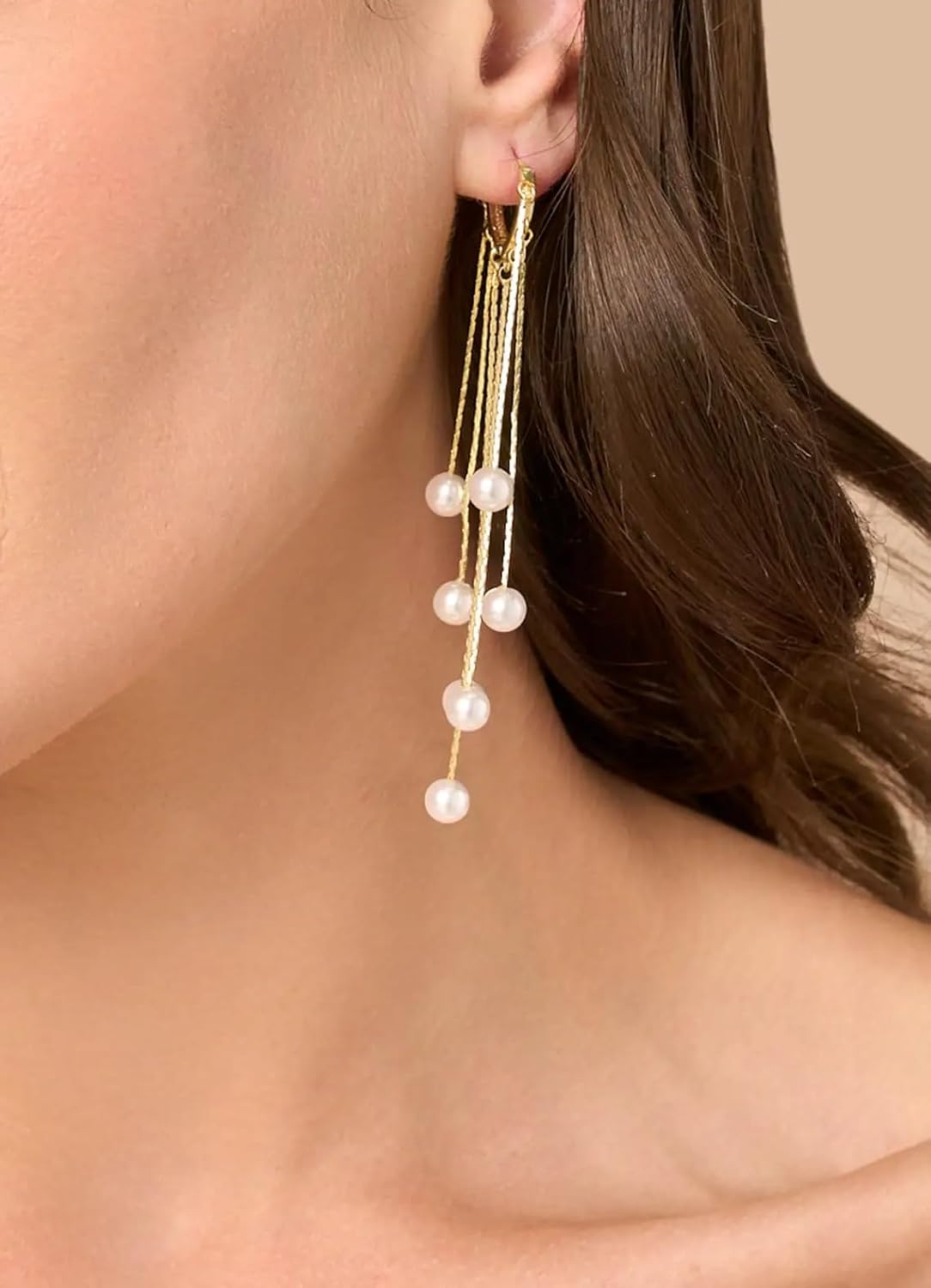 El Regalo Elegant Pearls Tassel Hoop Earring- Long Pearls Dangle Statement Party Hoop Earrings for Women & Girls