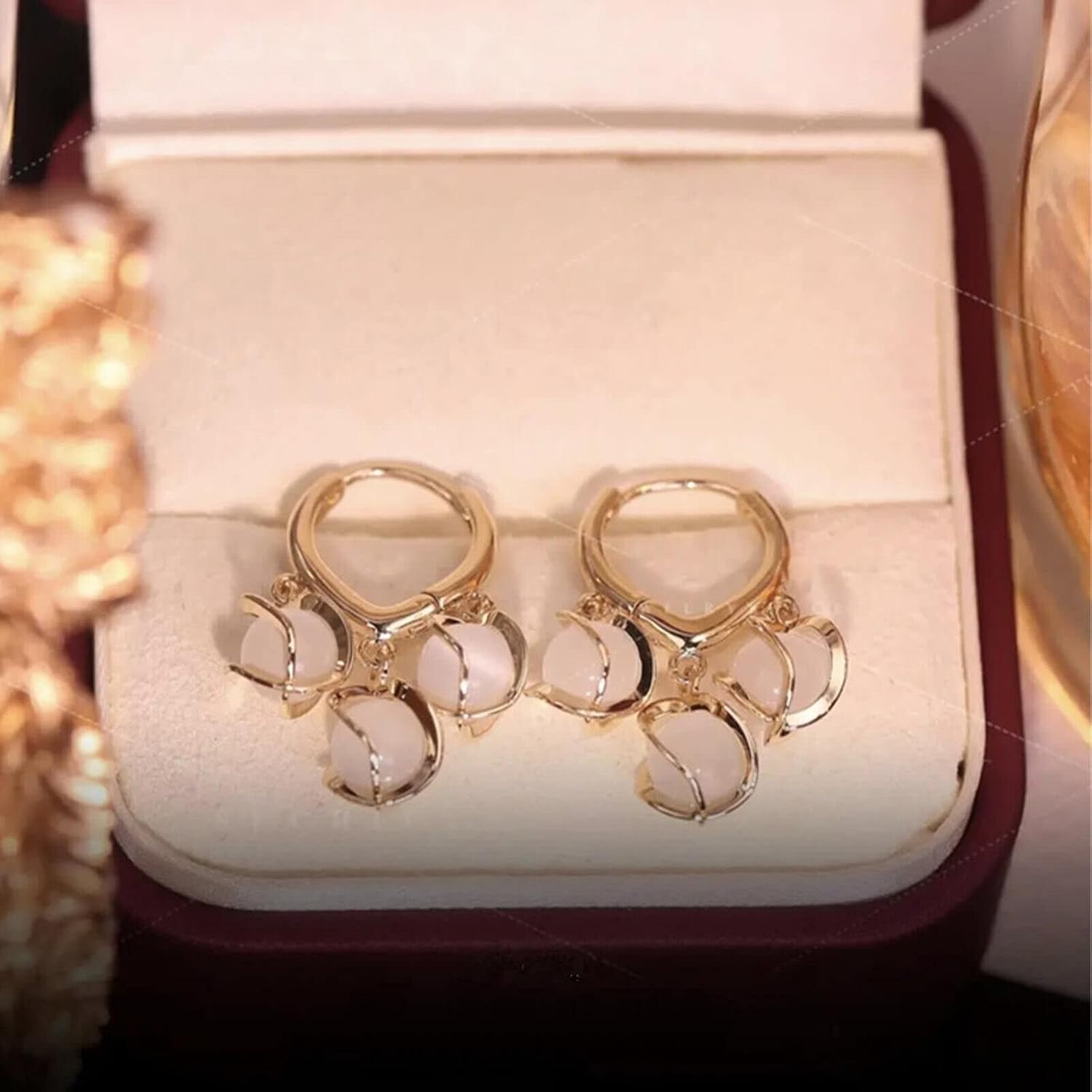 El Regalo 3 Moonstone Dangle Hoop Earrings- Love Ear Buckle Temperament Spiral Beads Hypoellergenic Hoop Earrings