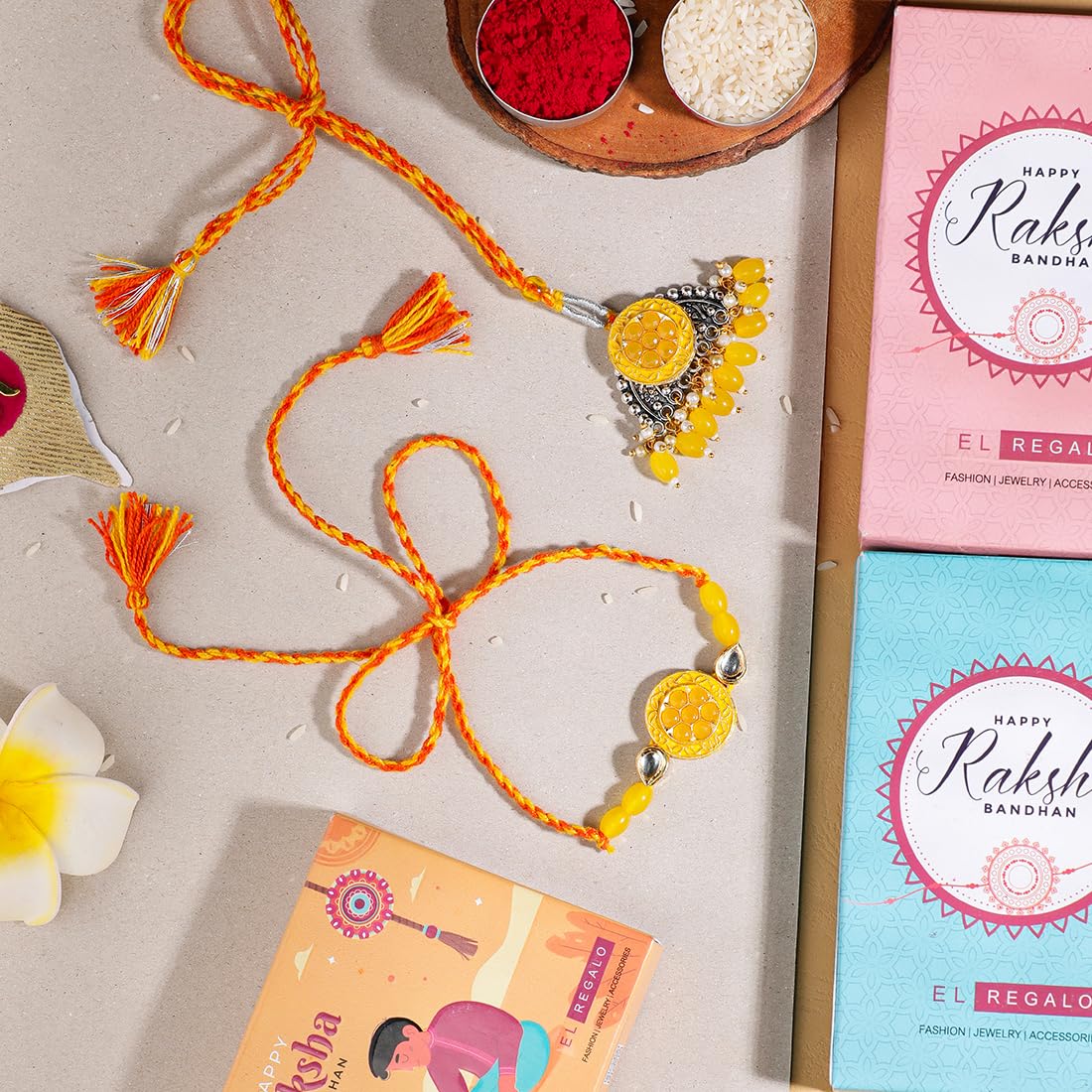 El Regalo Designer Bhaiya- Bhabhi Rakhi Luma/Lumba Set- Kundan, Pearls Rakhi with Roli Chawal in Gift Box- Luma Convertible into Necklace (Option-6)