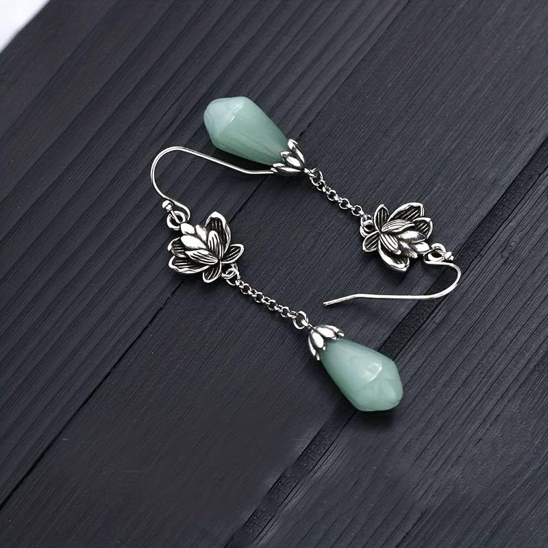 El Regalo Women's & Girl's Silvery Classical Lotus Faux Jade Tassel Earrings- Retro Ethnic Style Lotus Earrings in Antique Silver Finish
