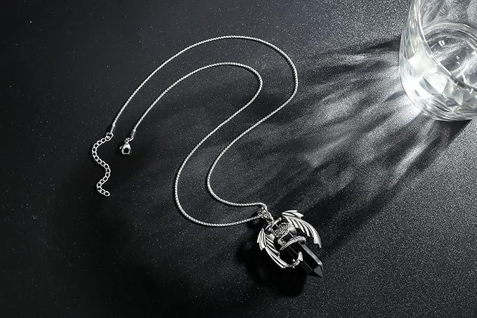 El Regalo Goth Gothic Viking Dragon Crystal Pendant Necklace for Men & Boys | Dragon Wing Necklace | Punk Biker Fantasy Statement Jewelry (Black)