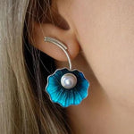 El Regalo Women's & Girl's Gorgeous Roast Blue Pearl Cloisonne Lotus Earrings- Vintage Blue Enamel Lotus Leaf Drop Freshwater Pearl Earrings