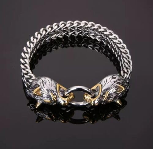 El Regalo Vintage Viking Stainless Steel Wolf Heads Bracelet Men's Punk Mesh Chain Rock Biker Jewelry