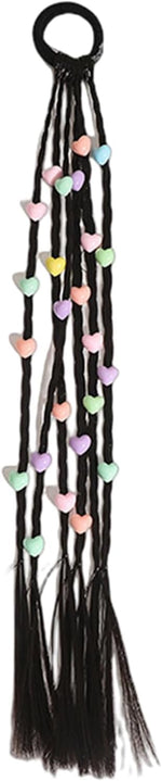 El Regalo 2PCs Cute Beaded Ponytail Hair Extensions Rubber Band- Stars & Hearts Beaded Braid Hairpieces for High Ponytail for Kids/Teen Girls/Women