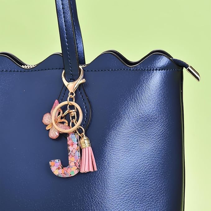 El Regalo Personalized Name Initials Butterfly Charm Keychain - Custom Letter Keyring with Pink Tassel & Butterfly Pendant, Purse, Bag, Backpack Accessory (J Letter)