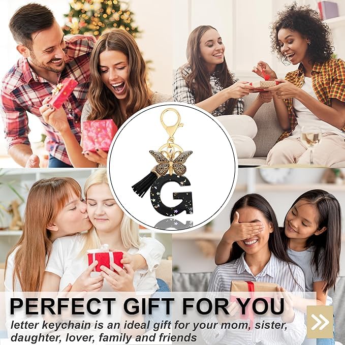El Regalo Personalized Name Initials Butterfly Charm Keychain - Name Letter Keyring with Black & Golden Tassel & Butterfly Pendant, Purse, Bag, Backpack Accessory (G Letter)