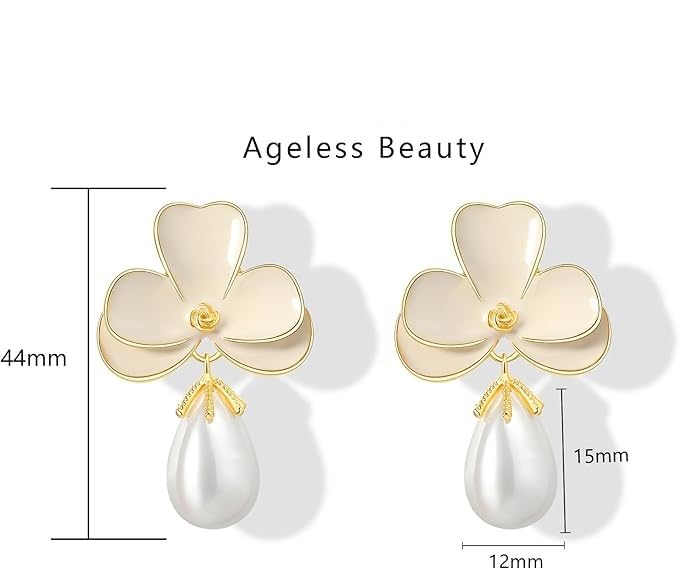 El Regalo Cute Orchid Flower Teardrop Pearl Earrings- 14K Gold Plated Pearl Earrings for Women | Floral Enamel drop Ball Earrings (White)