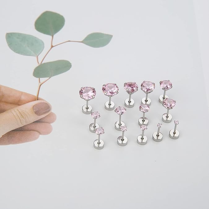 El Regalo Bold & Bright 14 Pcs (7 Pairs) Flat Back Stud Earrings Set for Women & Men - 316L Surgical Stainless Steel Hypoallergenic Earrings for Sensitive Ears - 2-8mm Pink & Blue Cubic Zirconia Screw Back Cartilage Piercing Jewelry (20G) (Pink)