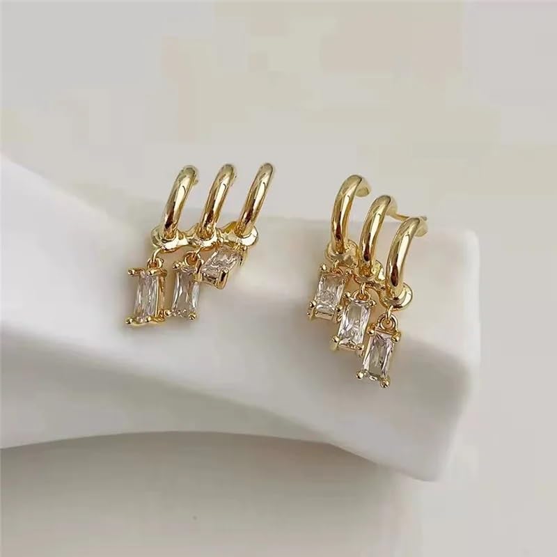 El Regalo Women's & Girl's Western Triple Ear Crawler Earrings- Triple Dangling Baguette Stone Earring- Exquisite Zircon Multilayer Earrings (Golden White)