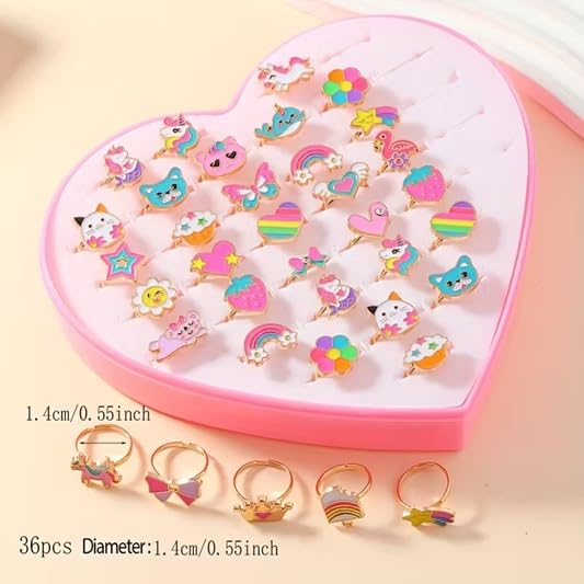 El Regalo 36 Pcs Adjustable Enamel Kids Rings - Unicorn, Rainbow, Strawberry, Flowers & More | No-Duplicate Dress-Up Jewelry Box for 4-12 Year Old Girls - Birthday, Christmas, Valentines (Style-2)