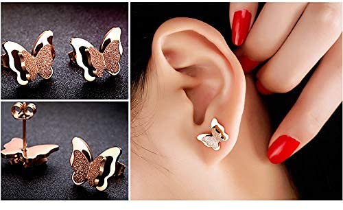 El Regalo Stainless Steel Small Butterfly NO RUST Earrings- Butterfly Matt Finish Rose Gold Plated Stainless Steel Cute Stud Earrings for Women/Girls