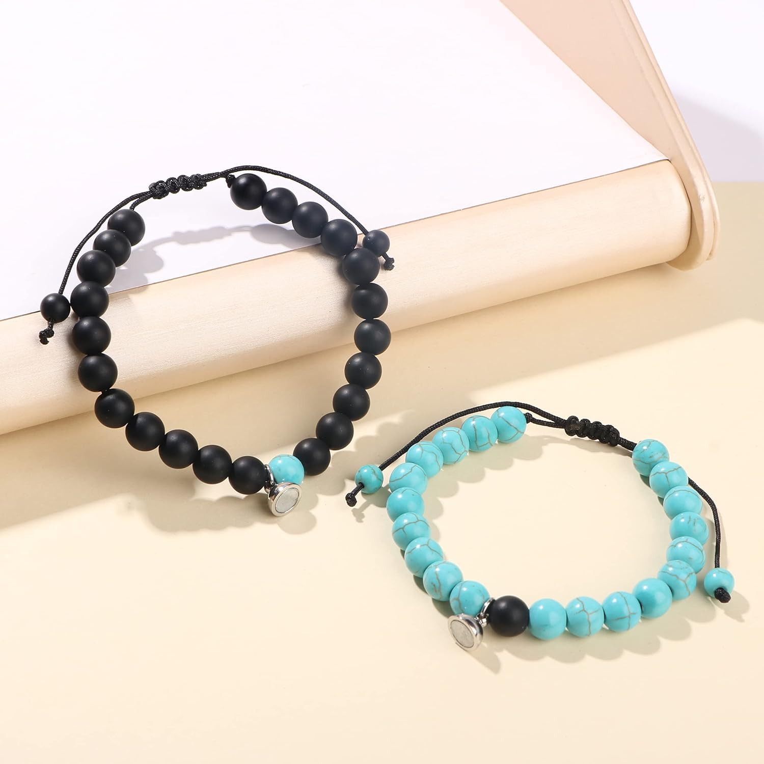 El Regalo 2PCs Magnetic Natural Stones Unisex Bracelets for Couples, Best Friend, Boyfriend & Girlfriend, Long Distance Connecting Bracelets Set- Valentines Day Gift (Turquoise & Black)