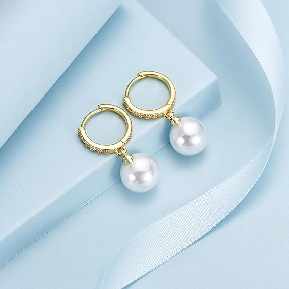 El Regalo Minimalist CZ Pearl Drop Earrings for Women | Korean Style Dangle Hoop Earrings | Gold & Silver Plated Cubic Zirconia Pearl Earrings | Elegant Daily Fashion Jewellery for Girls (Gold- Round)