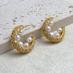 El Regalo Luxury Pearl & Zircon C Half Hoop Earrings for Women - 14K Gold Plated Pave Crystal Studs | Elegant Party Jewellery | Ideal Gift for Anniversary, Wedding & Birthdays (Gold)