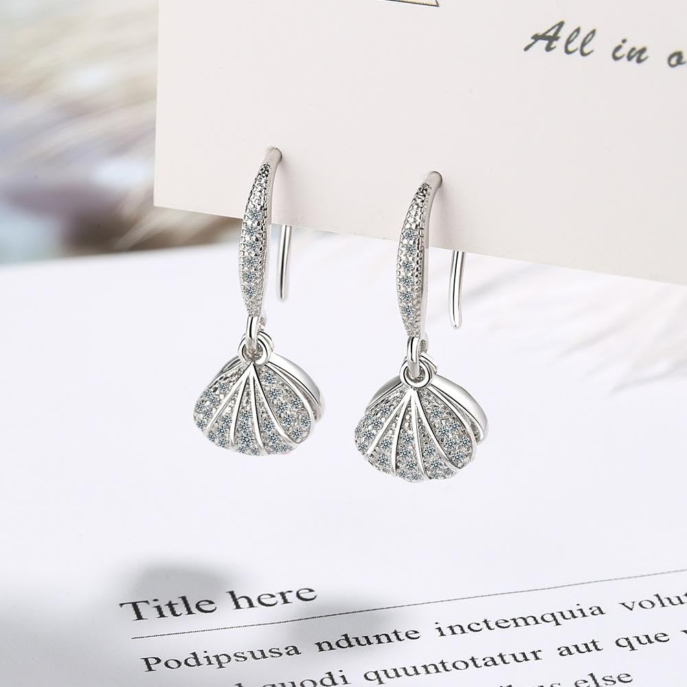 El Regalo Pearl Shell-Shaped Earrings - Fashionable Cute Inlaid Cubic Zirconia Pearls Shell Hook Earrings for Girls & Women, Elegant Sea-Inspired Design (Silver)