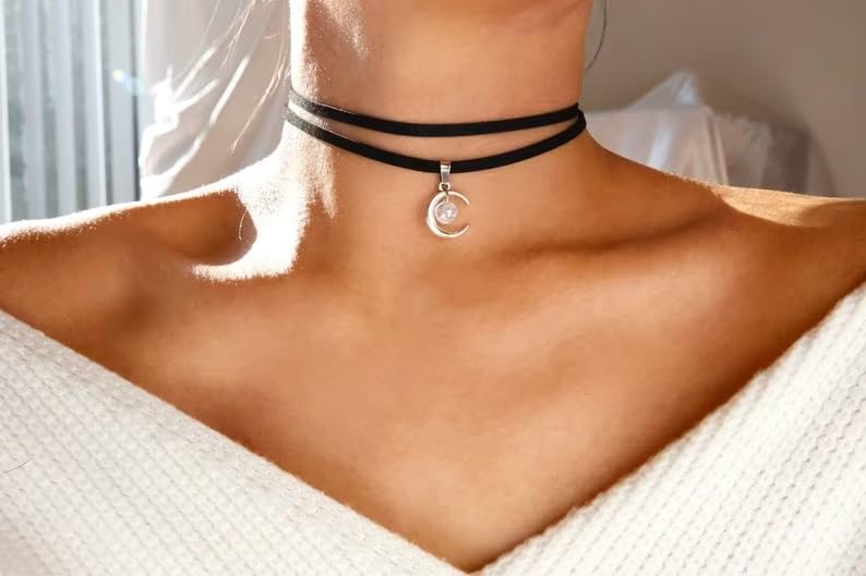 El Regalo Gothic Punk Crescent Moon with Bead Choker Necklace for Girls & Women- Hippie Double Layers Suede Crescent Moon Choker