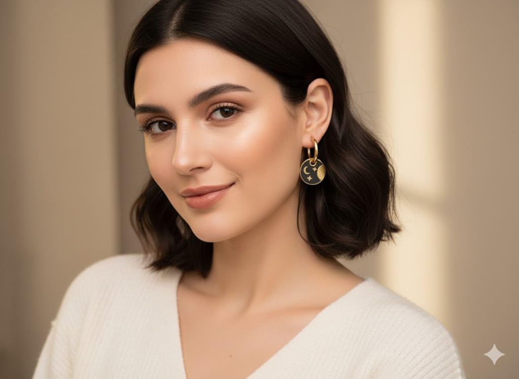 El Regalo Cute Stainless Steel Huggie Hoop Earrings for Girls & Women- Anti-Tarnish, Waterproof Daisy Floral/Moon-Stars Hoops (Moon Stars Hoops)