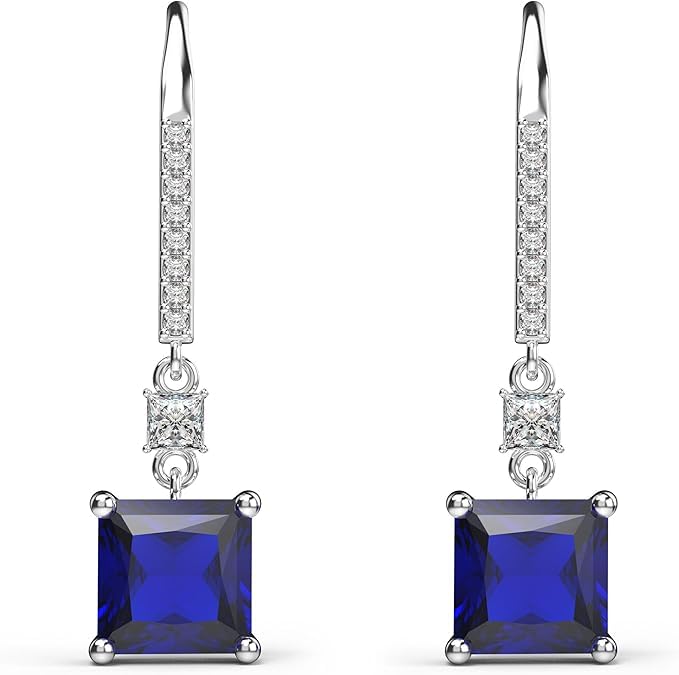 El Regalo Square Princess Cut Cubic Zirconia Dangle Earrings for Women & Girls | Elegant Drop Earrings in Black & Royal Blue Sapphire | 925 Silver Plated CZ Statement Earrings (Royal Blue Sapphire)